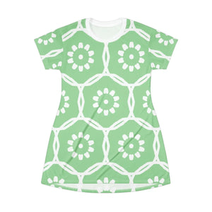 Green T-shirt Dress – Abstract Floral Polyester - Dipaliz - Dresses - Xs