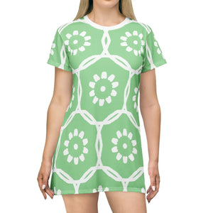 Green T-shirt Dress – Abstract Floral Polyester - Dipaliz - Dresses - Xs