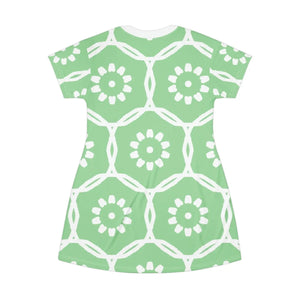 Green T-shirt Dress – Abstract Floral Polyester - Dipaliz - Dresses - Xs