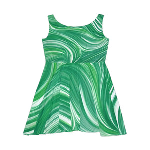 Green Wavy Pattern Skater Dress – Eco-friendly - Dipaliz - Dresses - Xs
