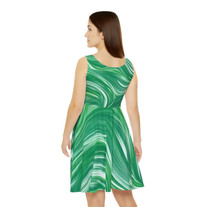 Green Wavy Pattern Skater Dress – Eco-friendly - Dipaliz - Dresses - Xs