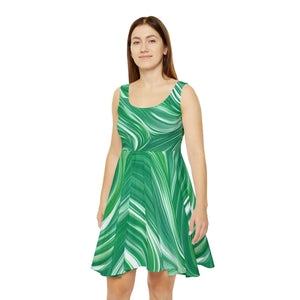 Green Wavy Pattern Skater Dress – Eco-friendly - Dipaliz - Dresses - Xs
