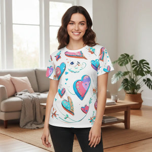 DipaliZ Women’s Aop Cut Sew Tee Hearts Pattern Polyester