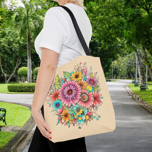 Large Vibrant Flowers Print Tote Bag Polyester Style - Dipaliz - 16’’ × / Black - Bags