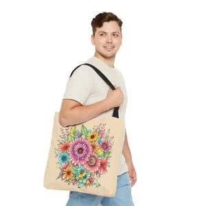 Bags - Large Vibrant Flowers Print Tote Bag Polyester Style - Dipaliz