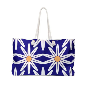 Oversized Polyester Weekender Bag Large White Flowers Blue - Dipaliz - 24’’ × 13’’ - Tote Bags
