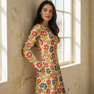 Dipaliz Long Sleeve Midi Dress Anemone Peach Pattern Pocket - Dresses - Xs