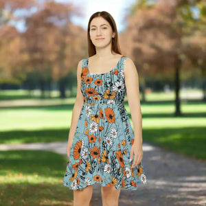 Skater Dress Orange White Flowers Pattern Captivating Dipaliz - Dresses