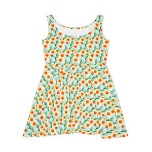 Orange Flower Skater Dress – Stretchy Polyester - Dipaliz - Dresses - Xs