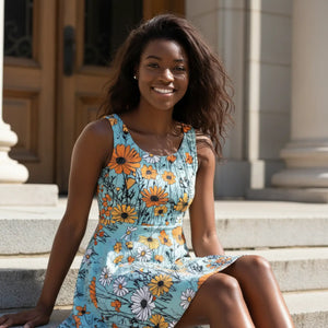 Floral Skater Dress – Orange and White Flowers - Dipaliz - Dresses - s