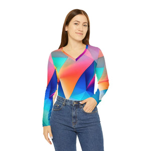 Colorful Prism Geometric Pattern Women’s Long Sleeve V-neck Shirt (aop) - T-shirts