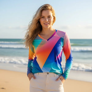 Colorful Prism Geometric Pattern Women’s Long Sleeve V-neck Shirt (aop) - T-shirts