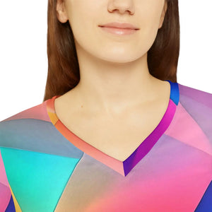 Colorful Prism Geometric Pattern Women’s Long Sleeve V-neck Shirt (aop) - T-shirts