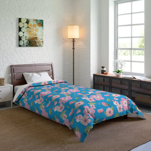 Pink Flora Comforter Blue Print Eco-friendly - Dipaliz - Quilts & Comforters