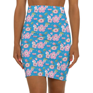 Floral Pink Flowers Mini Skirt - Blue Stretch - Dipaliz - Skirts