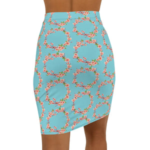 Floral Pink Flowers Mini Skirt - Teal Stretchy Pencil - Dipaliz - Skirts - Xs