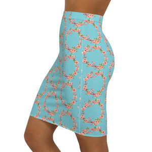 Floral Pink Flowers Mini Skirt - Teal Stretchy Pencil - Dipaliz - Skirts - Xs