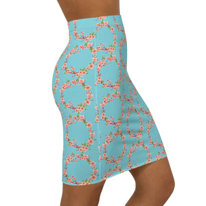 Floral Pink Flowers Mini Skirt - Teal Stretchy Pencil - Dipaliz - Skirts - Xs