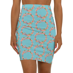 Floral Pink Flowers Mini Skirt - Teal Stretchy Pencil - Dipaliz - Skirts - Xs
