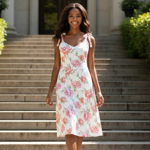 Dipaliz Pink Peony Floral Midi Dress with Built-in Bra - Dresses - s