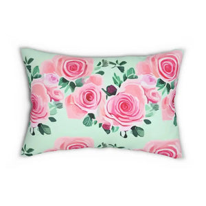 Spun Polyester Lumbar Pillow - Pink Roses Design - Dipaliz - 20’’ × 14’’ - Pillows