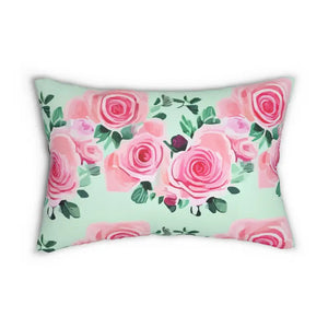Spun Polyester Lumbar Pillow - Pink Roses Design - Dipaliz - 20’’ × 14’’ - Pillows