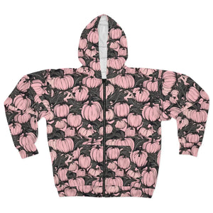 Women’s Pink Pumpkin All-over Print Zip-up Hoodie | Fall Halloween Streetwear Sweatshirt Unisex Zip (aop) - Hoodies