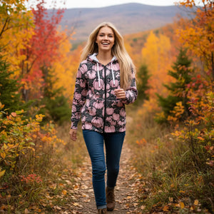 Women’s Pink Pumpkin All-over Print Zip-up Hoodie | Fall Halloween Streetwear Sweatshirt Unisex Zip (aop) - Hoodies