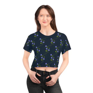 Purple Flowers Aop Crop Tee Navy Blue Floral Vine Print - Dipaliz - Black Stitching / Xs - T-shirts