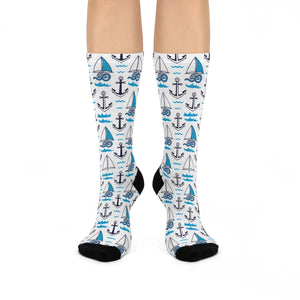 Dipaliz Sailboat Crew Socks Blue Ocean Pattern Cushioned