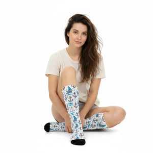 Dipaliz Sailboat Crew Socks Blue Ocean Pattern Cushioned
