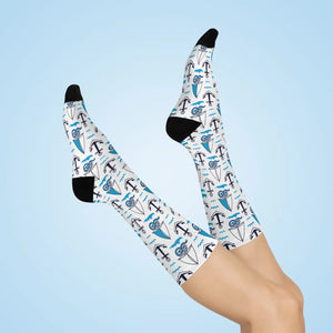 Dipaliz Sailboat Crew Socks Blue Ocean Pattern Cushioned
