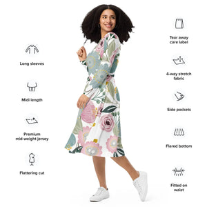 Floral Midi Dress – Long Sleeve Spring Flowers - Dipaliz - Dresses - Xs