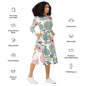 Floral Midi Dress – Long Sleeve Spring Flowers - Dipaliz - Dresses - Xs