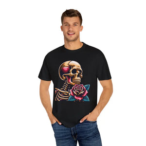 Skull with Rose Tee - Edgy Cotton Skeleton Design - Dipaliz - T-shirts