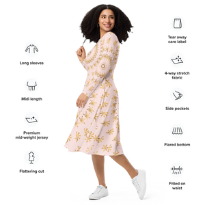 Snowflake Print Long Sleeve Midi Dress - Winter - Dipaliz - Dresses - Xs