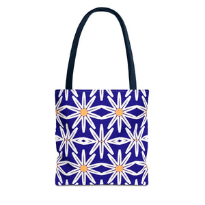 Geometric Blue Aop Tote Bag White Floral Pattern Dipaliz - Bags