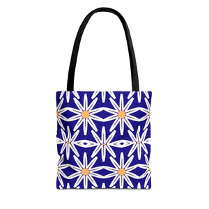 Geometric Blue Aop Tote Bag White Floral Pattern Dipaliz - Bags