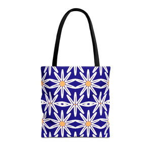 Geometric Blue Aop Tote Bag White Floral Pattern Dipaliz - Bags