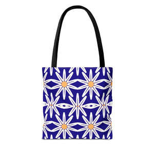 Geometric Blue Aop Tote Bag White Floral Pattern Dipaliz - Bags