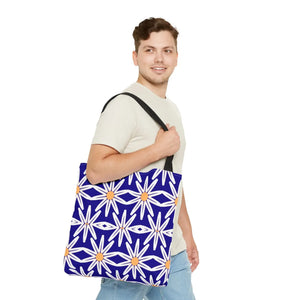 Geometric Blue Aop Tote Bag White Floral Pattern Dipaliz - Bags