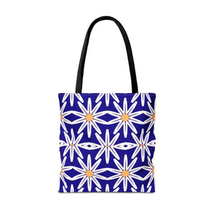 Geometric Blue Aop Tote Bag White Floral Pattern Dipaliz - Bags