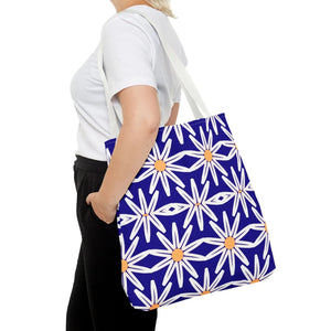 Geometric Blue Aop Tote Bag White Floral Pattern Dipaliz - Bags