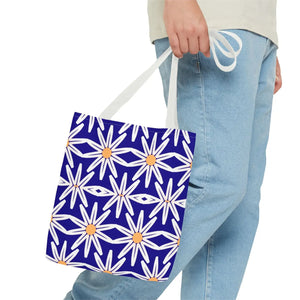 Geometric Blue Aop Tote Bag White Floral Pattern Dipaliz - Bags
