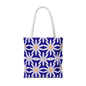 Geometric Blue Aop Tote Bag White Floral Pattern Dipaliz - Bags