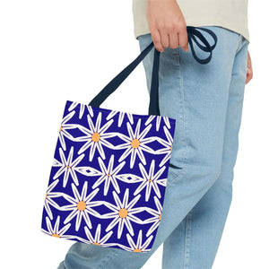 Geometric Blue Aop Tote Bag White Floral Pattern Dipaliz - Bags