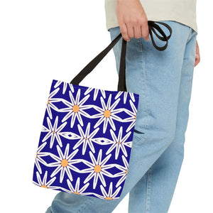 Geometric Blue Aop Tote Bag White Floral Pattern Dipaliz - Bags