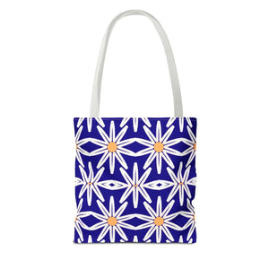 Geometric Blue Aop Tote Bag White Floral Pattern Dipaliz - Bags