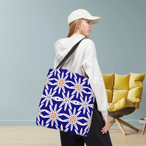 Geometric Blue Aop Tote Bag White Floral Pattern Dipaliz - Bags
