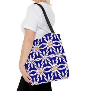 Geometric Blue Aop Tote Bag White Floral Pattern Dipaliz - Bags